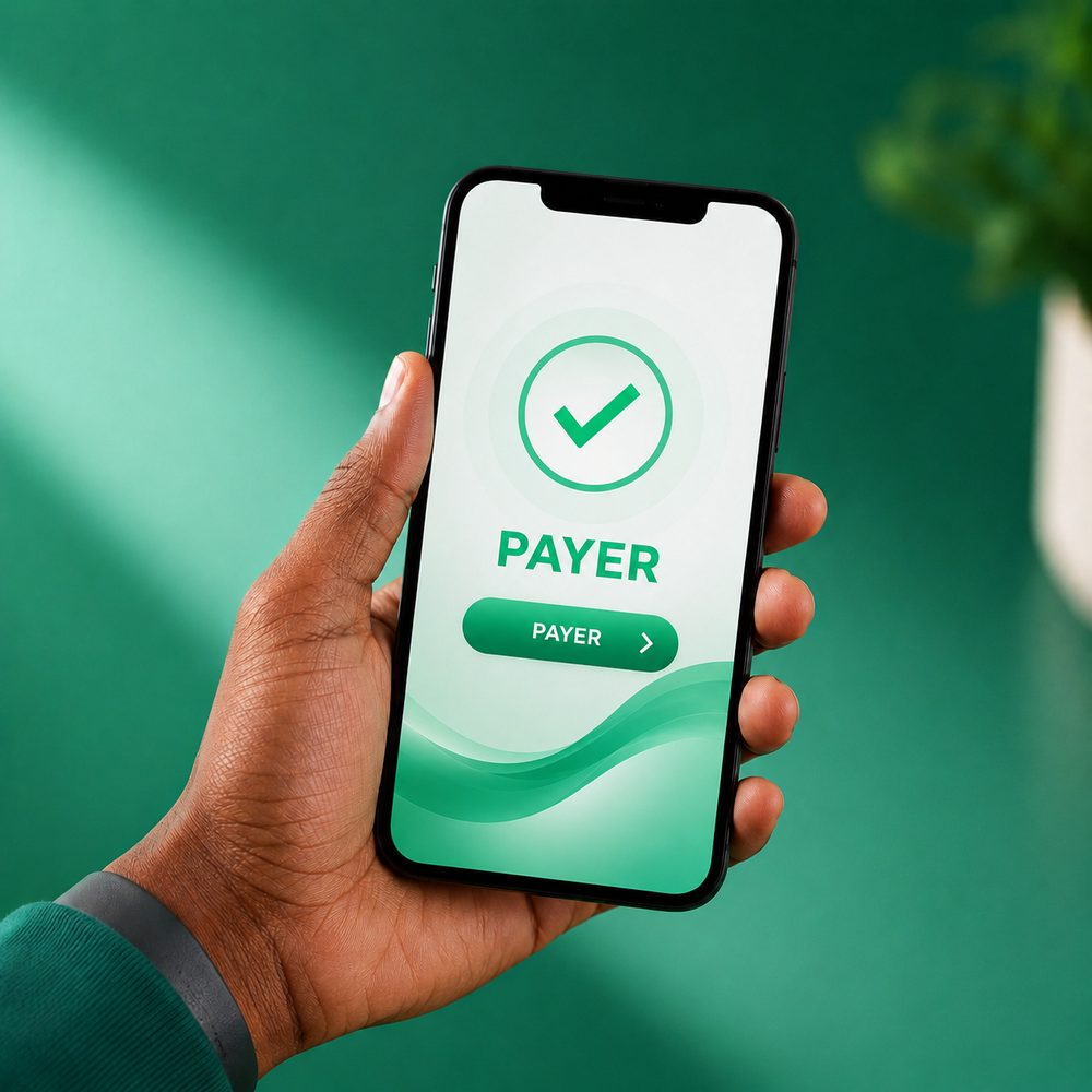 Un téléphone affichant un écran de paiement validé avec une coche verte